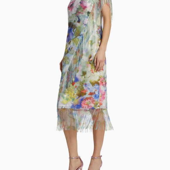 BADGLEY MISCHKA Green Multi Fringe Sequin Floral One Shoulder Dress - Picture 4 of 17